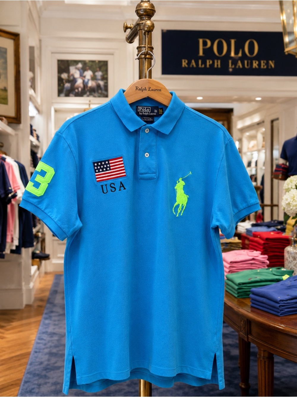 Polo Ralph Lauren USA Big Pony #3 Flag Polo Shirt Blue Men’s L - Picture 2 of 15